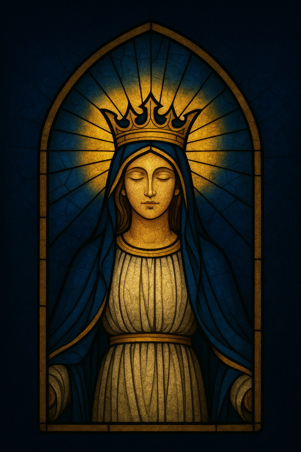 Stained-glass depiction of Mary crowned as Queen of Heaven